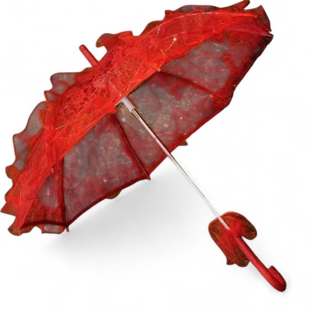 Dopamine Red Lace Ruffles Parasol Umbrella Glamour Goth Lolita Vampy 21” L